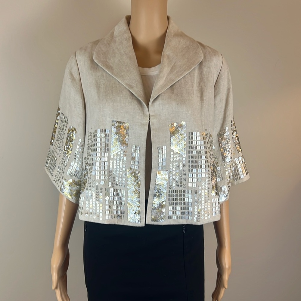 Isda & Co Beige Embellished Linen Swing Jacket